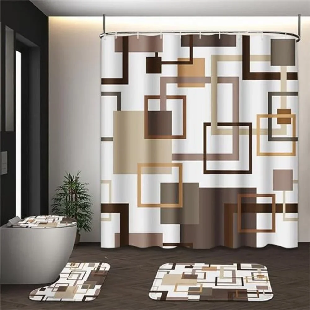 Brown Shower Curtain Set 4 Piece Bathroom Rug Toilet Lid Cover Geometric Modern
